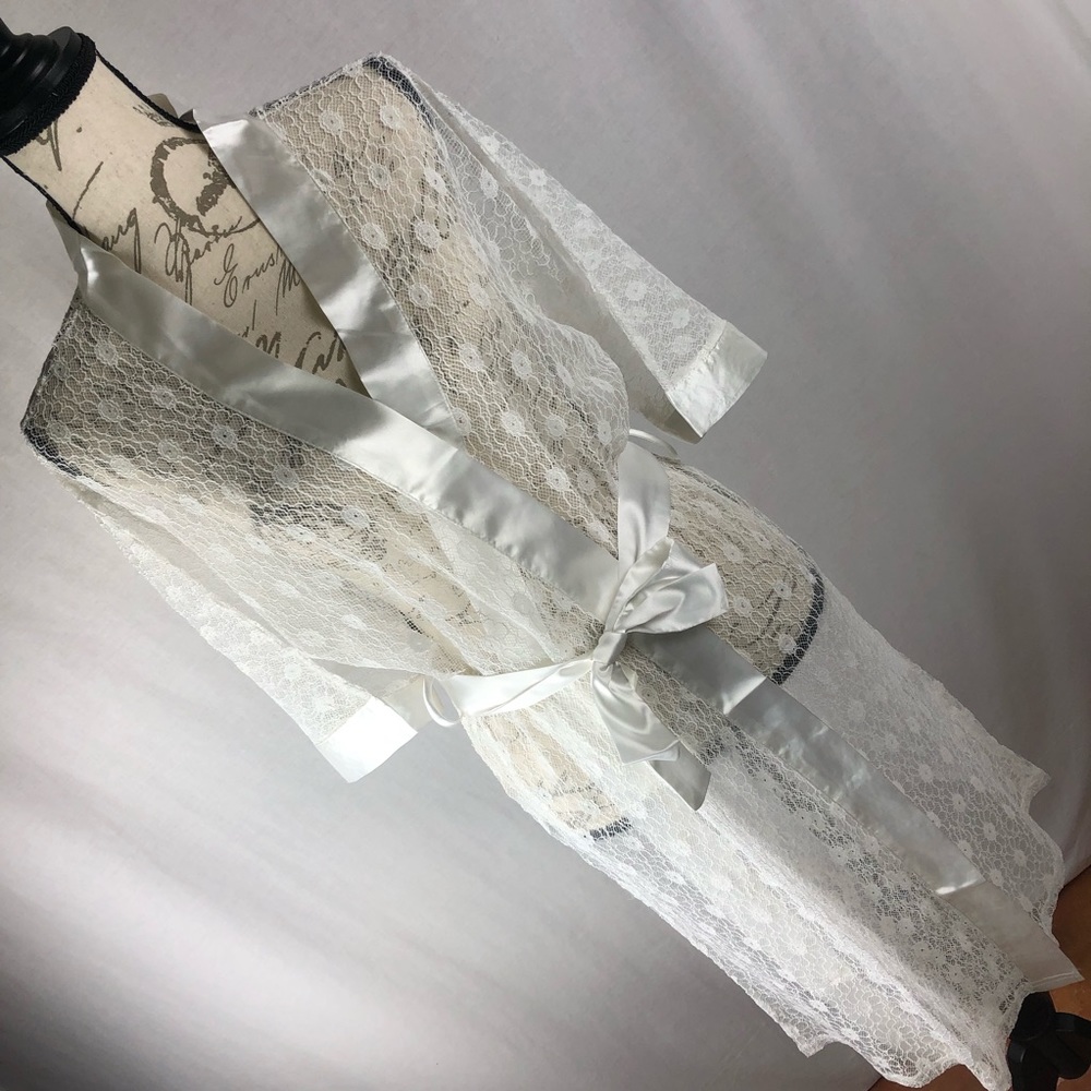 White Lace See-through Robe with Satin Trim Lingerie Bridal Shower